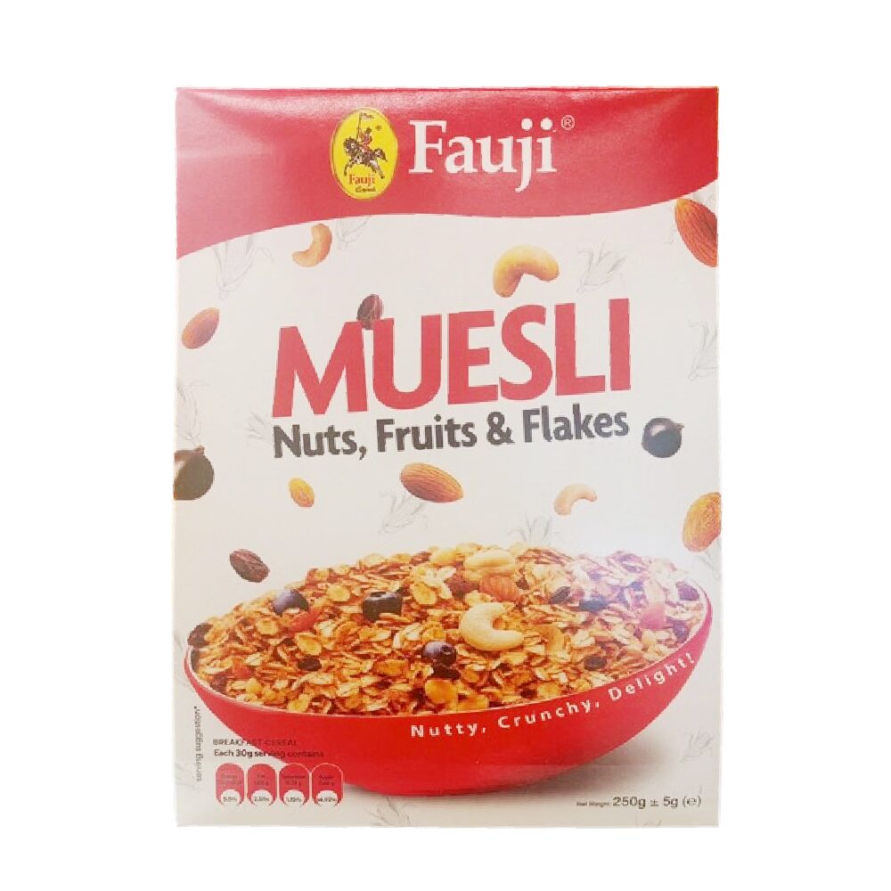 NewProject_1_c3211050-d401-466e-84f6-40db8531ece4.png FAUJI CEREAL MUESLI NUTS FRUITS AND FLAKES 250 GM - Image 1