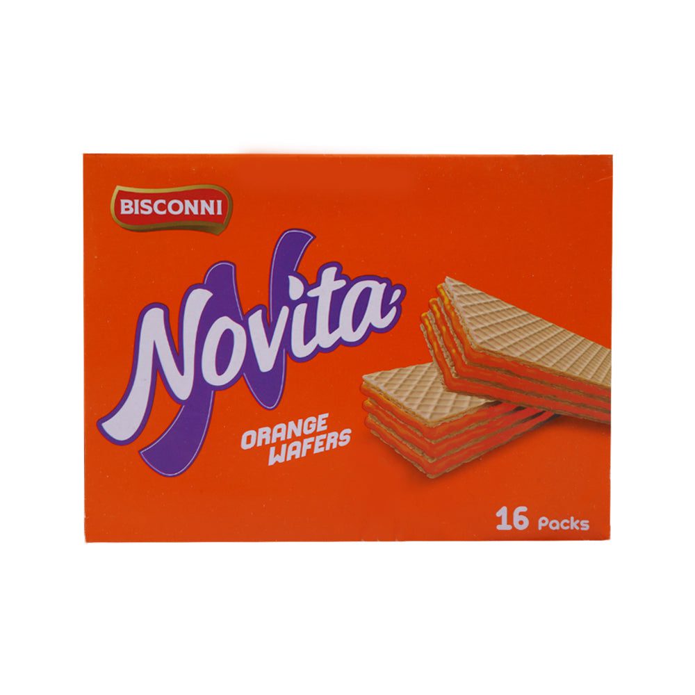 8961103502209_8f84c0f9-1feb-4e00-88e5-e5ac774ee8e2.jpg BISCONNI NOVITA WAFERS ORANGE HALF ROLL 24 GM BOX 16PC - Image 1