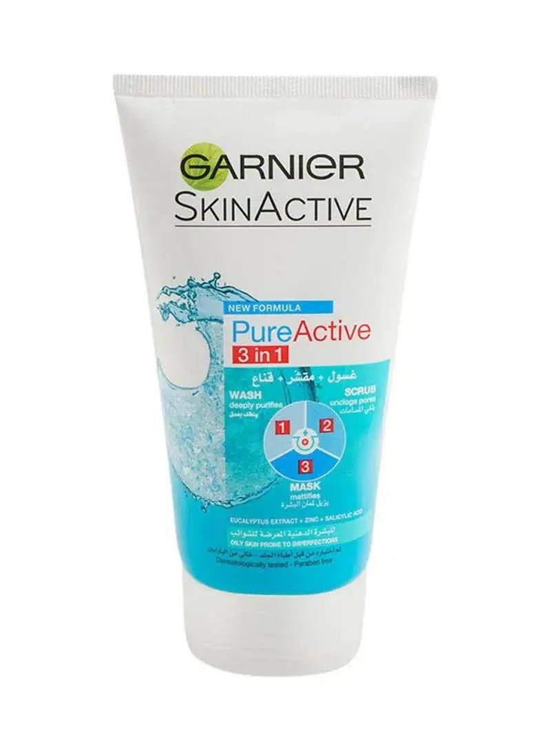 GARNIER-SKIN-ACTIVE-3-IN-1-CLAY-FACE-WASH-MASK-SCRUB-100ml-a.jpg Garnier Skin Active Pure Active 3-in-1 Wash + Scrub +Mask, For Oily Skin, 100ml - Dissolve Dirt and Impurities - Image 1