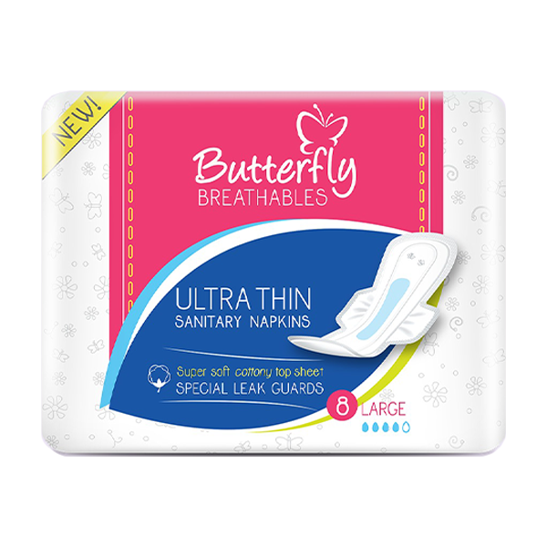 butterfly-breathables-8s.webp Butterfly Breathables Ultra-Thin Cottony Sanitary Pads Long 8 Pcs - Image 1