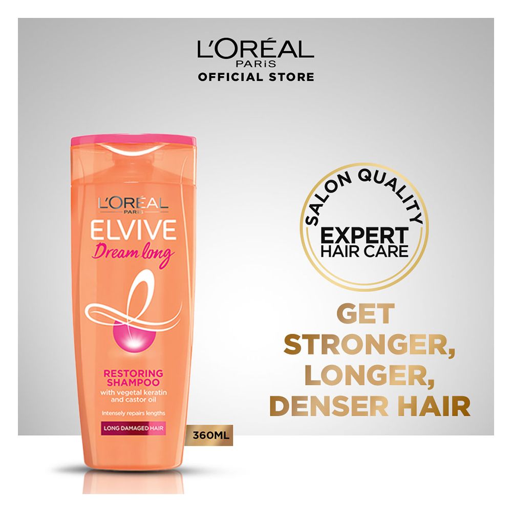 dreamlongshampoo_360ml_1.jpg L'Oreal Dream Long Restoring Shampoo, 360ml - Repairs Weakened Hair With Castor Oil & Vitamins - Image 1